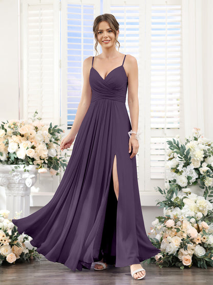 A-Line V-Neck Spaghetti Straps Sleeveless Split Side Floor-Length Chiffon Bridesmaid Dresses