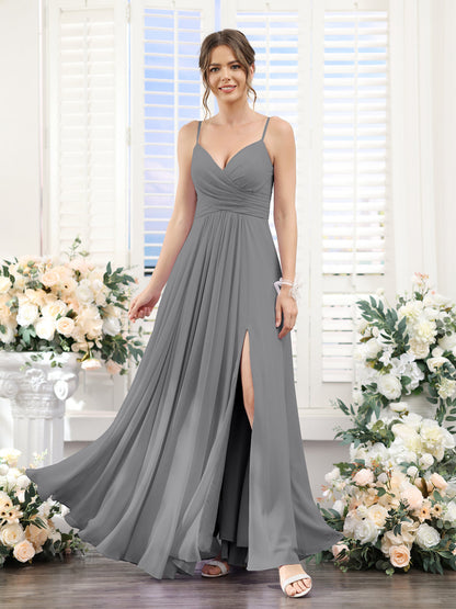 A-Line V-Neck Spaghetti Straps Sleeveless Split Side Floor-Length Chiffon Bridesmaid Dresses