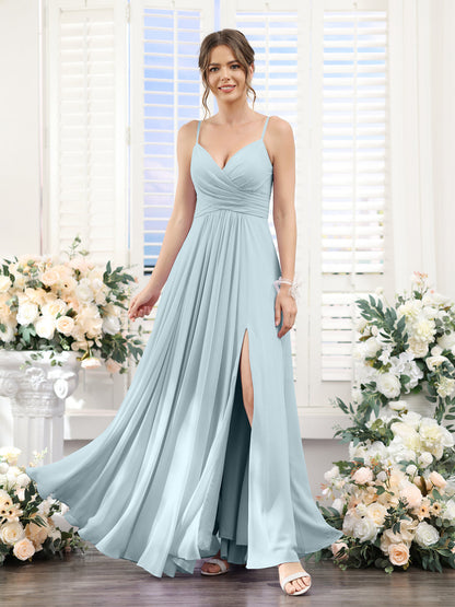 A-Line V-Neck Spaghetti Straps Sleeveless Split Side Floor-Length Chiffon Bridesmaid Dresses