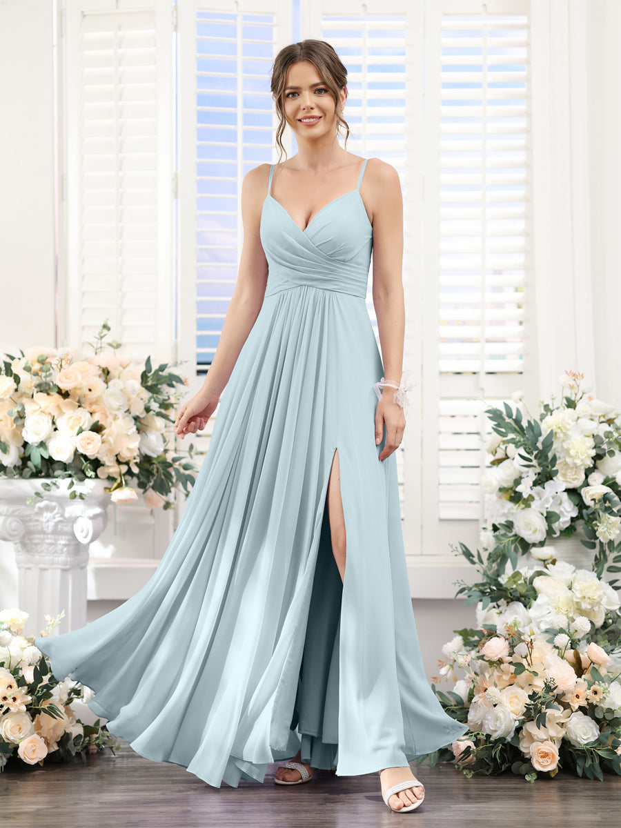 A-Line V-Neck Spaghetti Straps Sleeveless Split Side Floor-Length Chiffon Bridesmaid Dresses