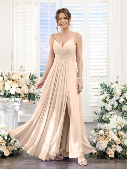 A-Line V-Neck Spaghetti Straps Sleeveless Split Side Floor-Length Chiffon Bridesmaid Dresses