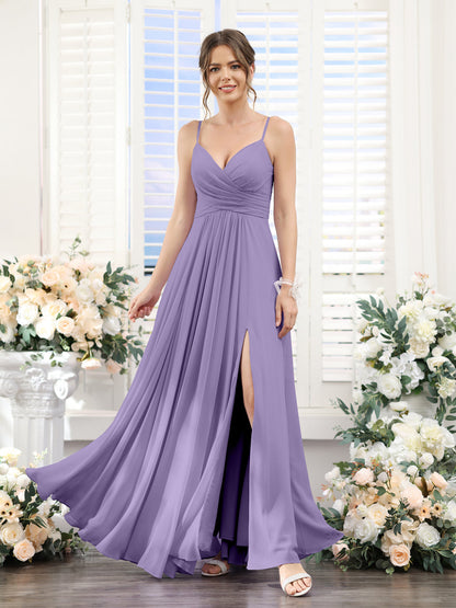 A-Line V-Neck Spaghetti Straps Sleeveless Split Side Floor-Length Chiffon Bridesmaid Dresses