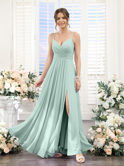 A-Line V-Neck Spaghetti Straps Sleeveless Split Side Floor-Length Chiffon Bridesmaid Dresses