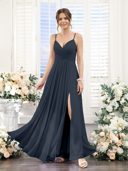 A-Line V-Neck Spaghetti Straps Sleeveless Split Side Floor-Length Chiffon Bridesmaid Dresses