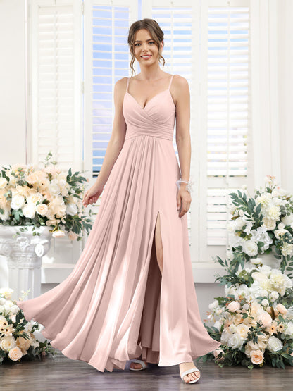 A-Line V-Neck Spaghetti Straps Sleeveless Split Side Floor-Length Chiffon Bridesmaid Dresses