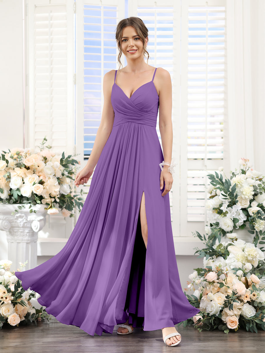 A-Line V-Neck Spaghetti Straps Sleeveless Split Side Floor-Length Chiffon Bridesmaid Dresses