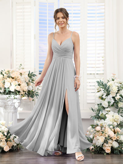 A-Line V-Neck Spaghetti Straps Sleeveless Split Side Floor-Length Chiffon Bridesmaid Dresses