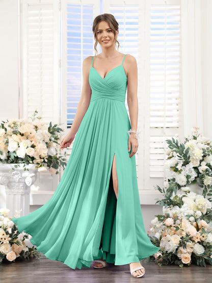 A-Line V-Neck Spaghetti Straps Sleeveless Split Side Floor-Length Chiffon Bridesmaid Dresses