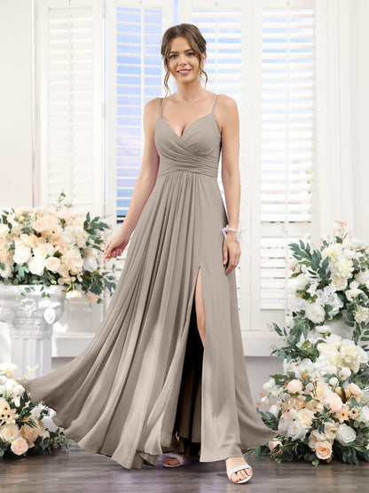 A-Line V-Neck Spaghetti Straps Sleeveless Split Side Floor-Length Chiffon Bridesmaid Dresses