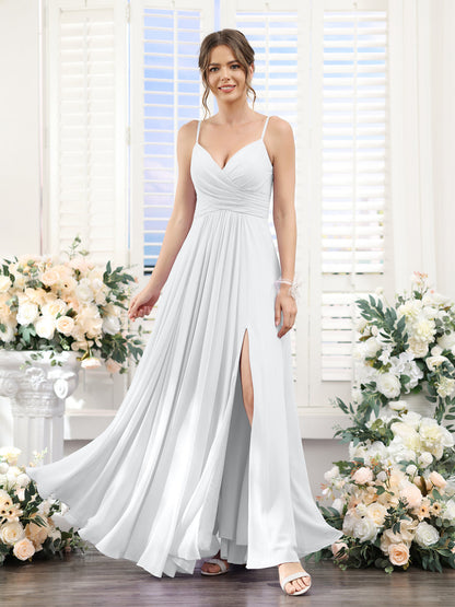 A-Line V-Neck Spaghetti Straps Sleeveless Split Side Floor-Length Chiffon Bridesmaid Dresses