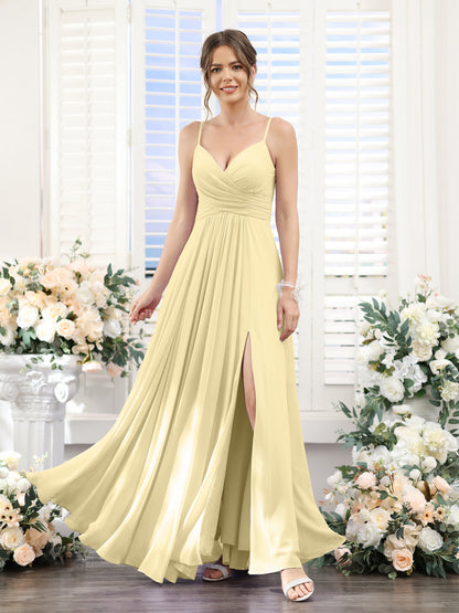 A-Line V-Neck Spaghetti Straps Sleeveless Split Side Floor-Length Chiffon Bridesmaid Dresses