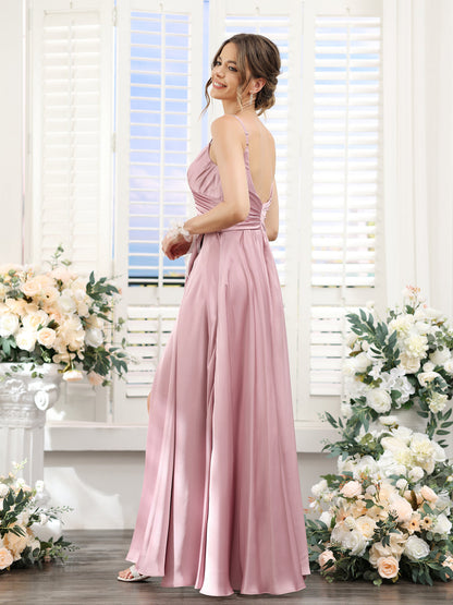 A-Line Spaghetti Straps Sleeveless Ruched Split Side Floor-Length Silk Satin Bridesmaid Dresses