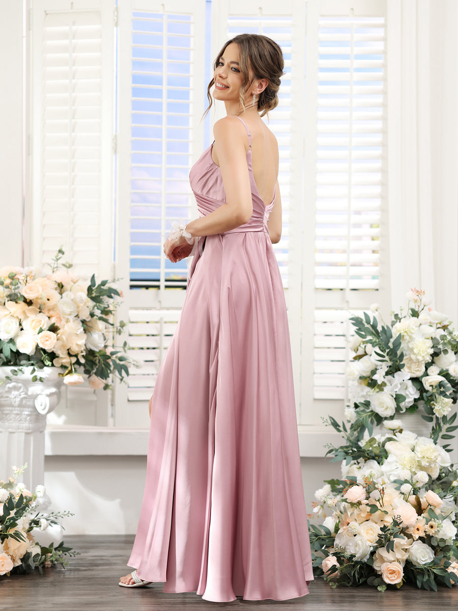 A-Line Spaghetti Straps Sleeveless Ruched Split Side Floor-Length Silk Satin Bridesmaid Dresses