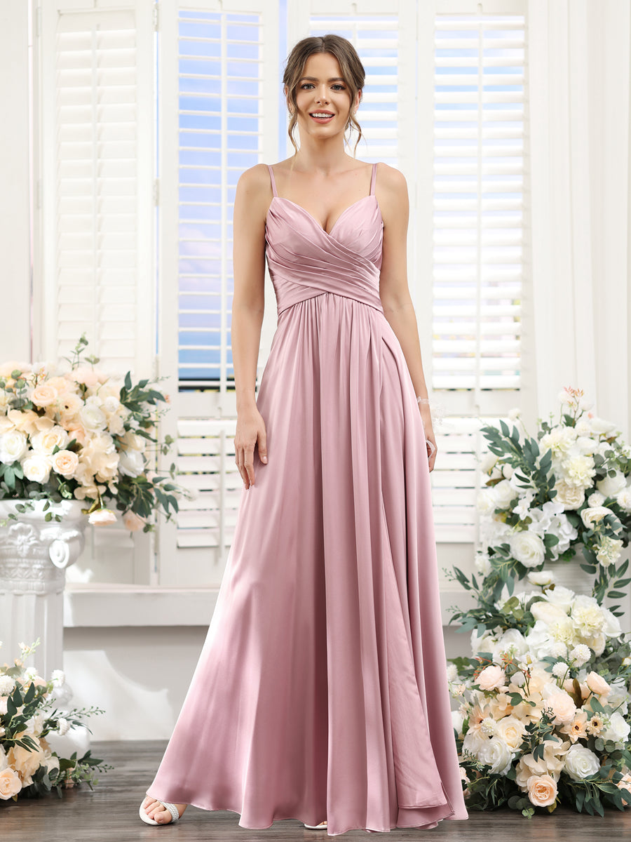 A-Line Spaghetti Straps Sleeveless Ruched Split Side Floor-Length Silk Satin Bridesmaid Dresses