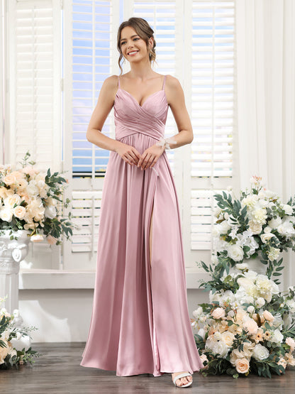 A-Line Spaghetti Straps Sleeveless Ruched Split Side Floor-Length Silk Satin Bridesmaid Dresses