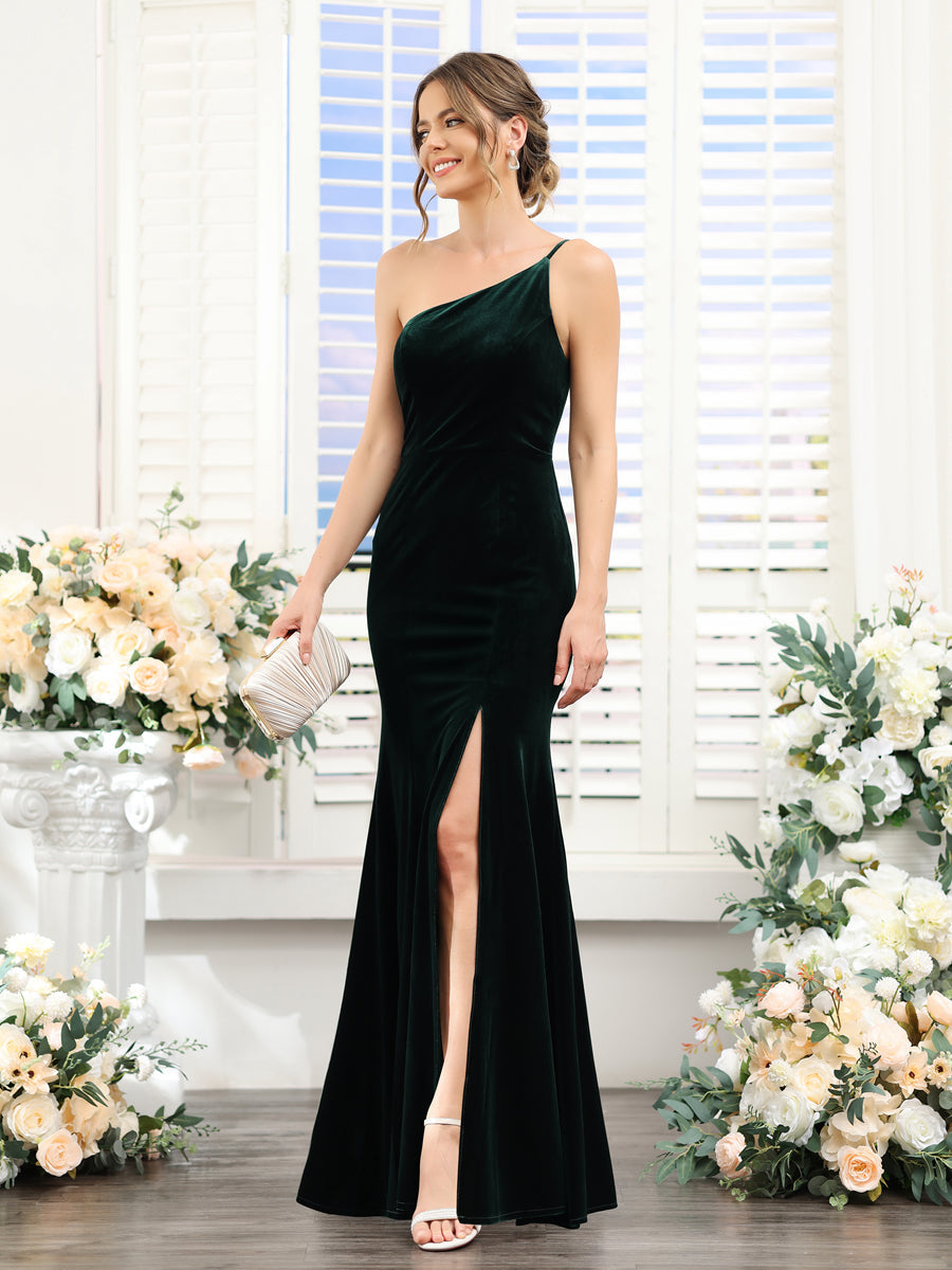 Sheath One Shoulder Sleeveless Split Side Floor-Length Velvet Dresses