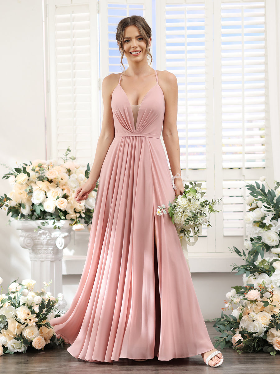 A-Line Spaghetti Straps Sleeveless Backless Split Side Floor-Length Chiffon Bridesmaid Dresses