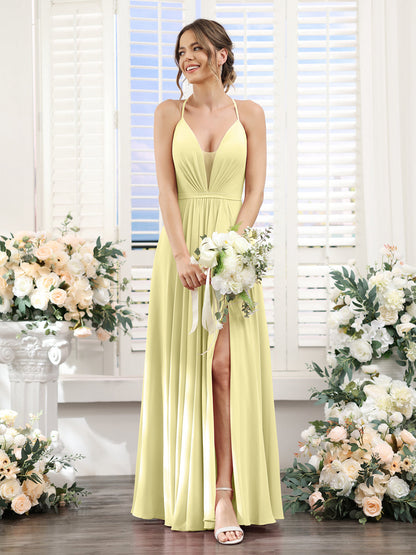 A-Line Spaghetti Straps Sleeveless Backless Split Side Floor-Length Chiffon Bridesmaid Dresses