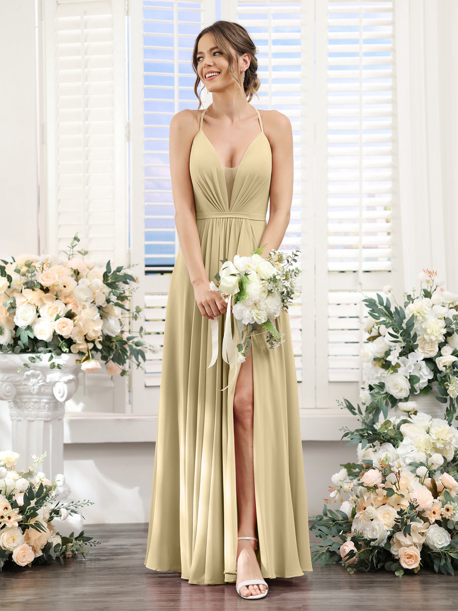 A-Line Spaghetti Straps Sleeveless Backless Split Side Floor-Length Chiffon Bridesmaid Dresses