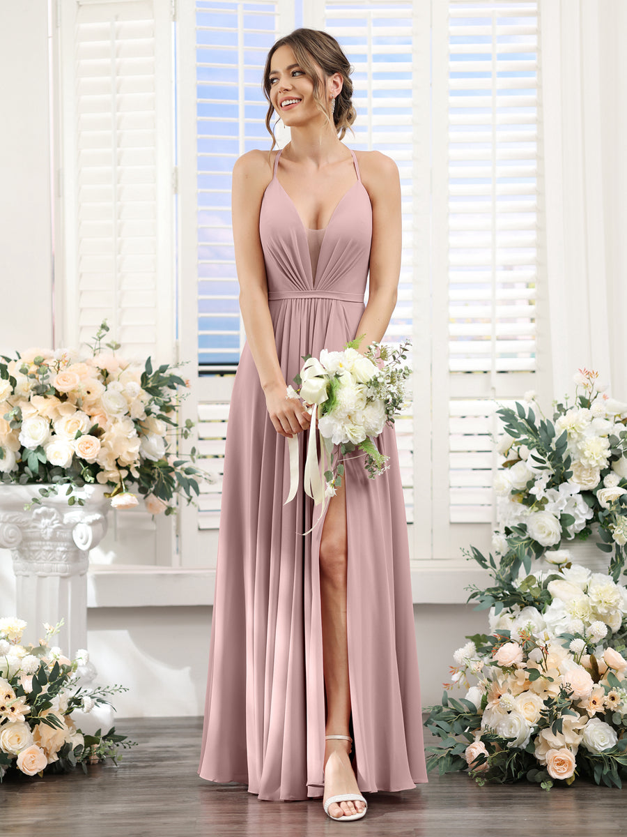 A-Line Spaghetti Straps Sleeveless Backless Split Side Floor-Length Chiffon Bridesmaid Dresses