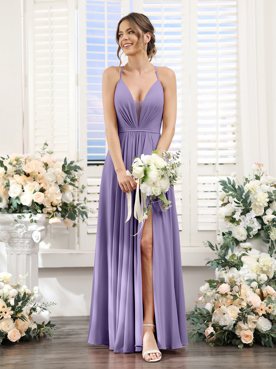 A-Line Spaghetti Straps Sleeveless Backless Split Side Floor-Length Chiffon Bridesmaid Dresses