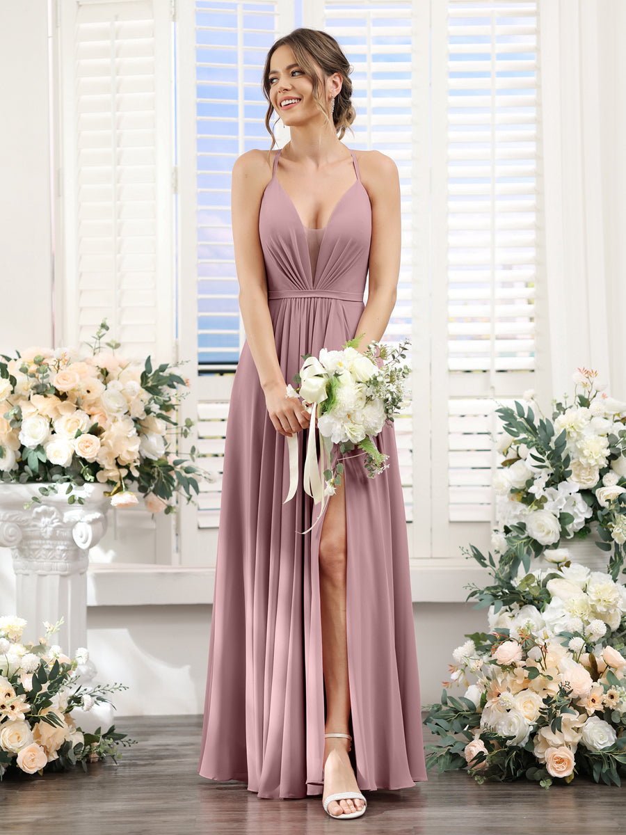 A-Line Spaghetti Straps Sleeveless Backless Split Side Floor-Length Chiffon Bridesmaid Dresses