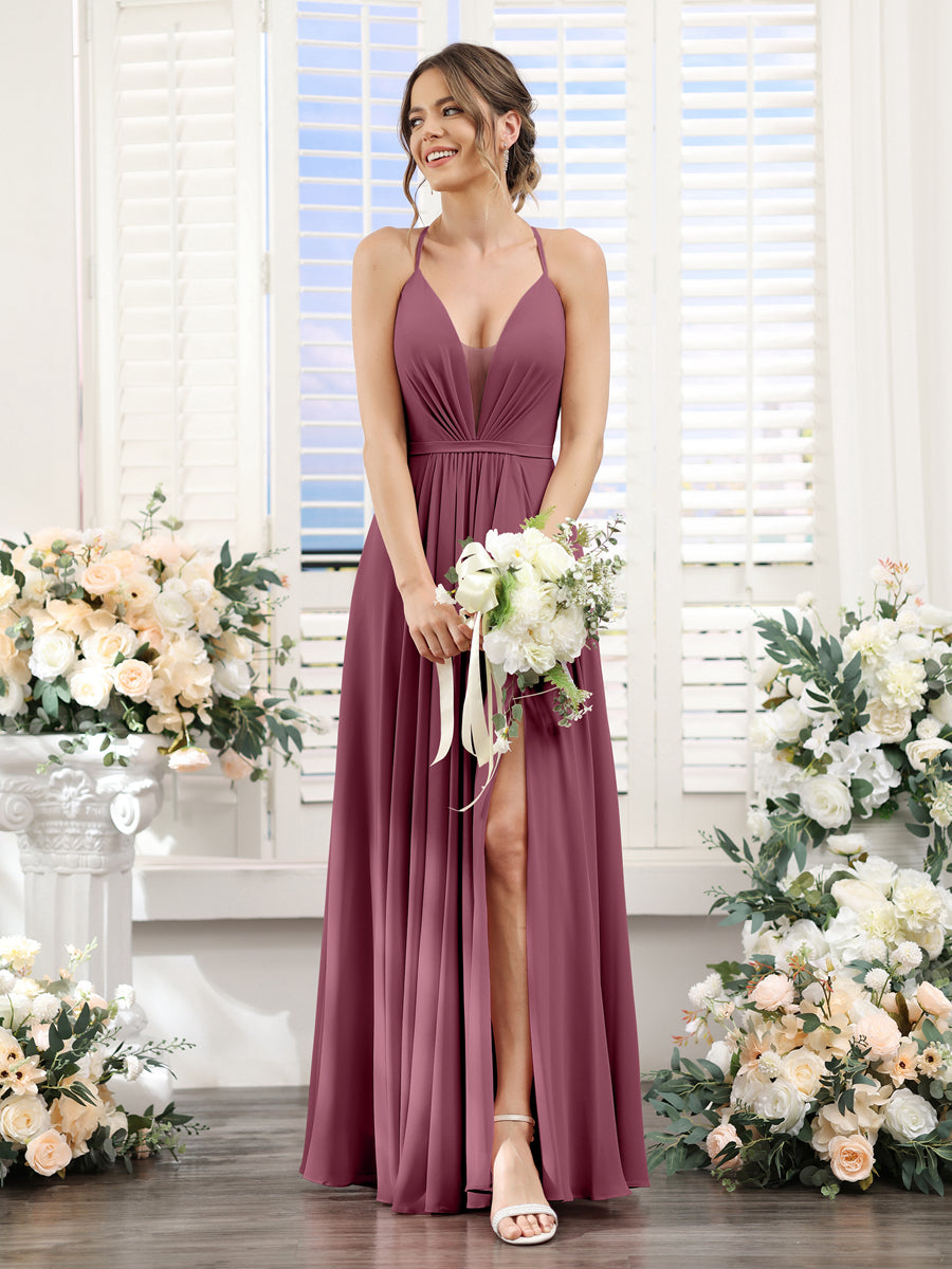 A-Line Spaghetti Straps Sleeveless Backless Split Side Floor-Length Chiffon Bridesmaid Dresses