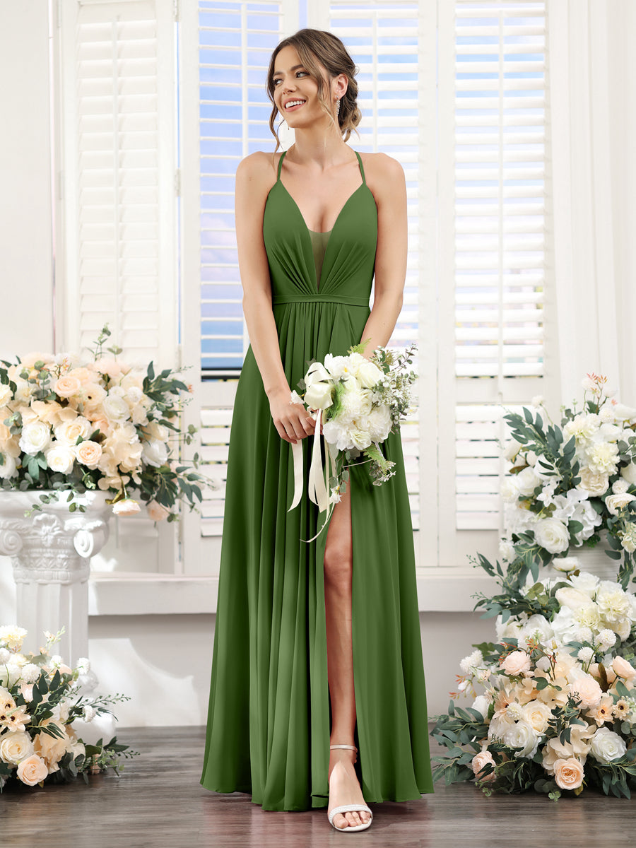 A-Line Spaghetti Straps Sleeveless Backless Split Side Floor-Length Chiffon Bridesmaid Dresses