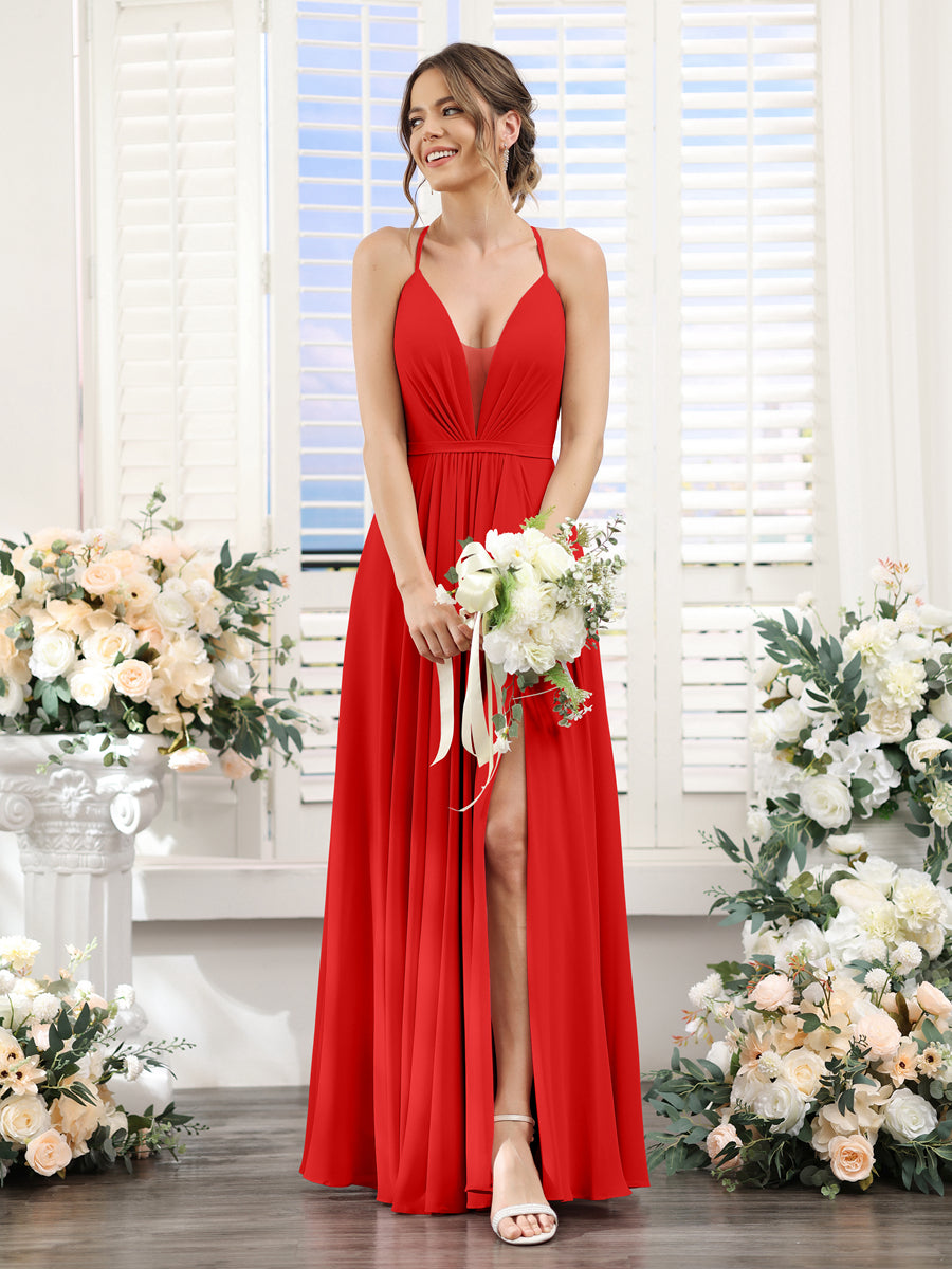 A-Line Spaghetti Straps Sleeveless Backless Split Side Floor-Length Chiffon Bridesmaid Dresses