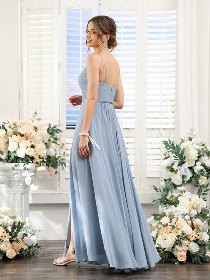 A-Line Ruched V-Neck Spaghetti Straps Split Side Floor-Length Chiffon Bridesmaid Dresses