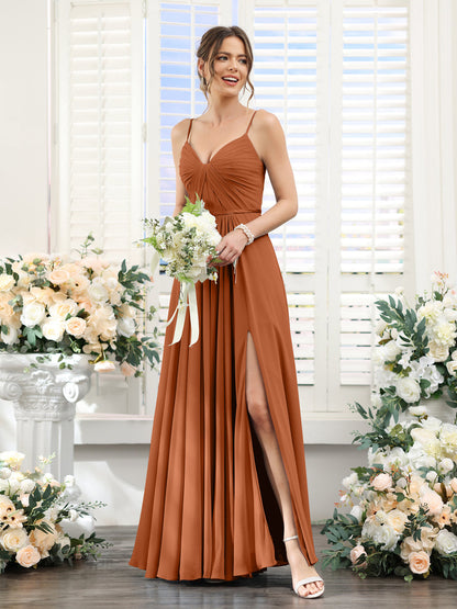 A-Line Ruched V-Neck Spaghetti Straps Split Side Floor-Length Chiffon Bridesmaid Dresses