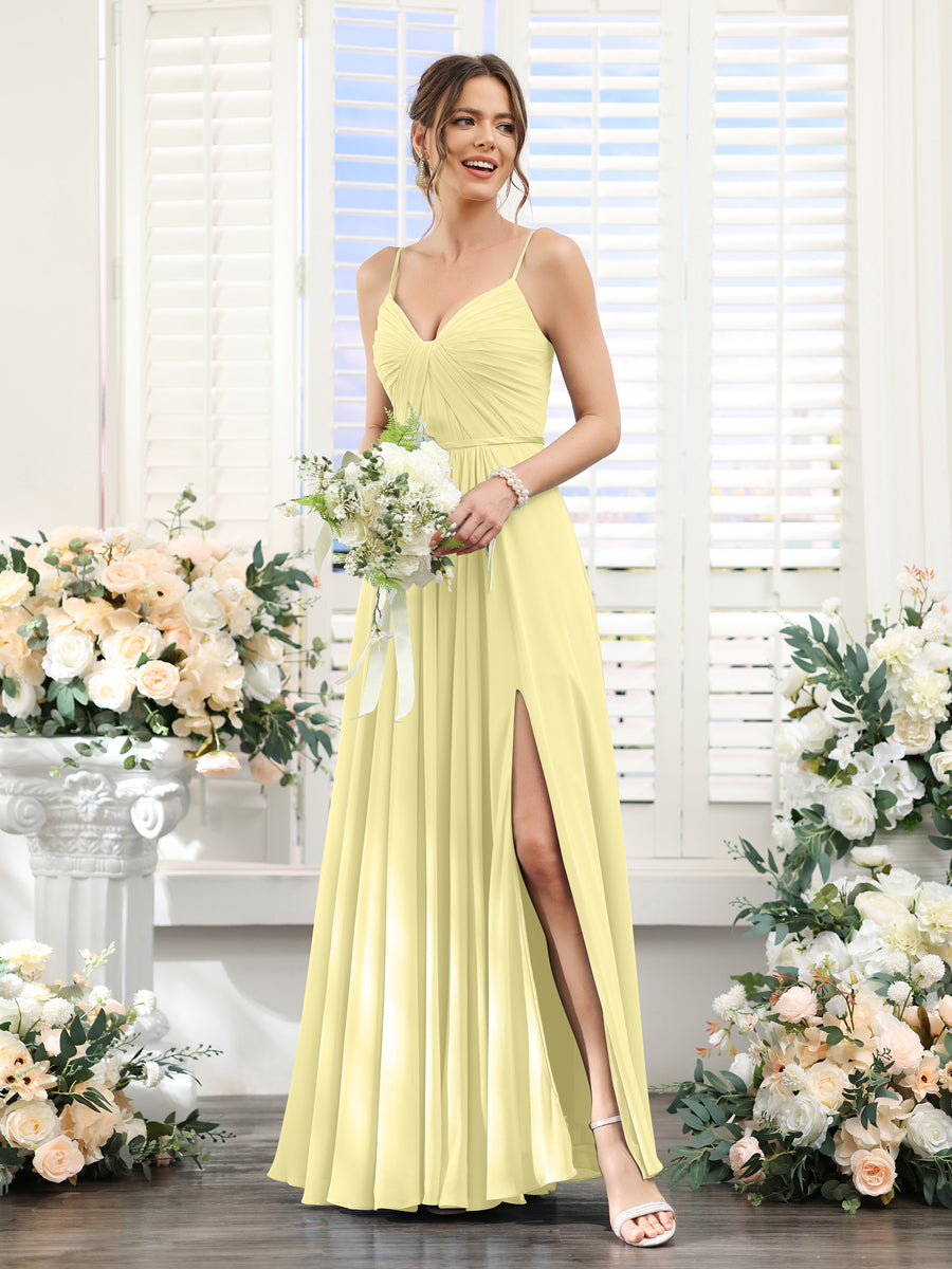 A-Line Ruched V-Neck Spaghetti Straps Split Side Floor-Length Chiffon Bridesmaid Dresses