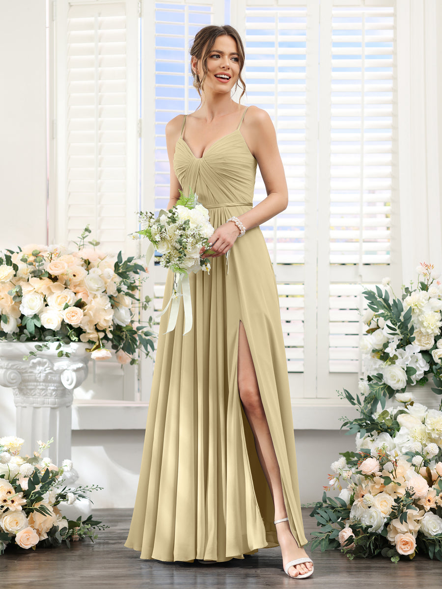 A-Line Ruched V-Neck Spaghetti Straps Split Side Floor-Length Chiffon Bridesmaid Dresses