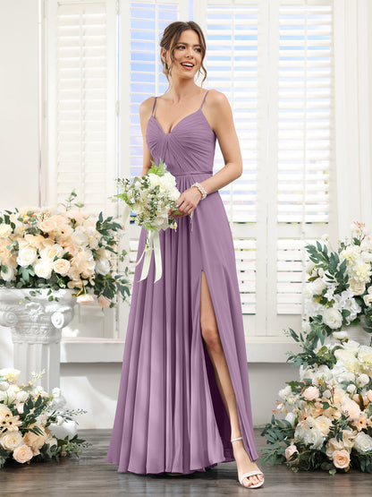 A-Line Ruched V-Neck Spaghetti Straps Split Side Floor-Length Chiffon Bridesmaid Dresses