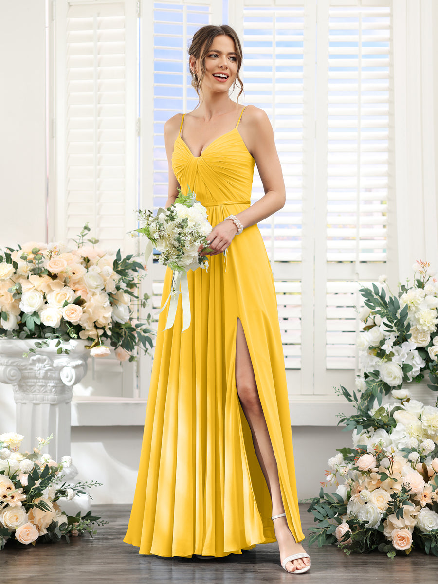 A-Line Ruched V-Neck Spaghetti Straps Split Side Floor-Length Chiffon Bridesmaid Dresses