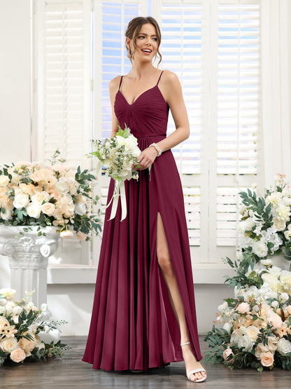 A-Line Ruched V-Neck Spaghetti Straps Split Side Floor-Length Chiffon Bridesmaid Dresses