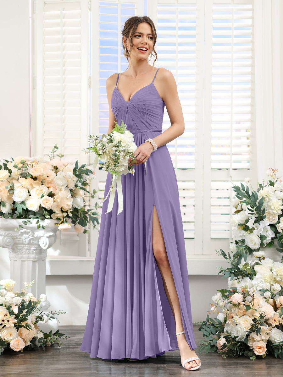 A-Line Ruched V-Neck Spaghetti Straps Split Side Floor-Length Chiffon Bridesmaid Dresses