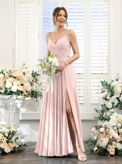 A-Line Ruched V-Neck Spaghetti Straps Split Side Floor-Length Chiffon Bridesmaid Dresses