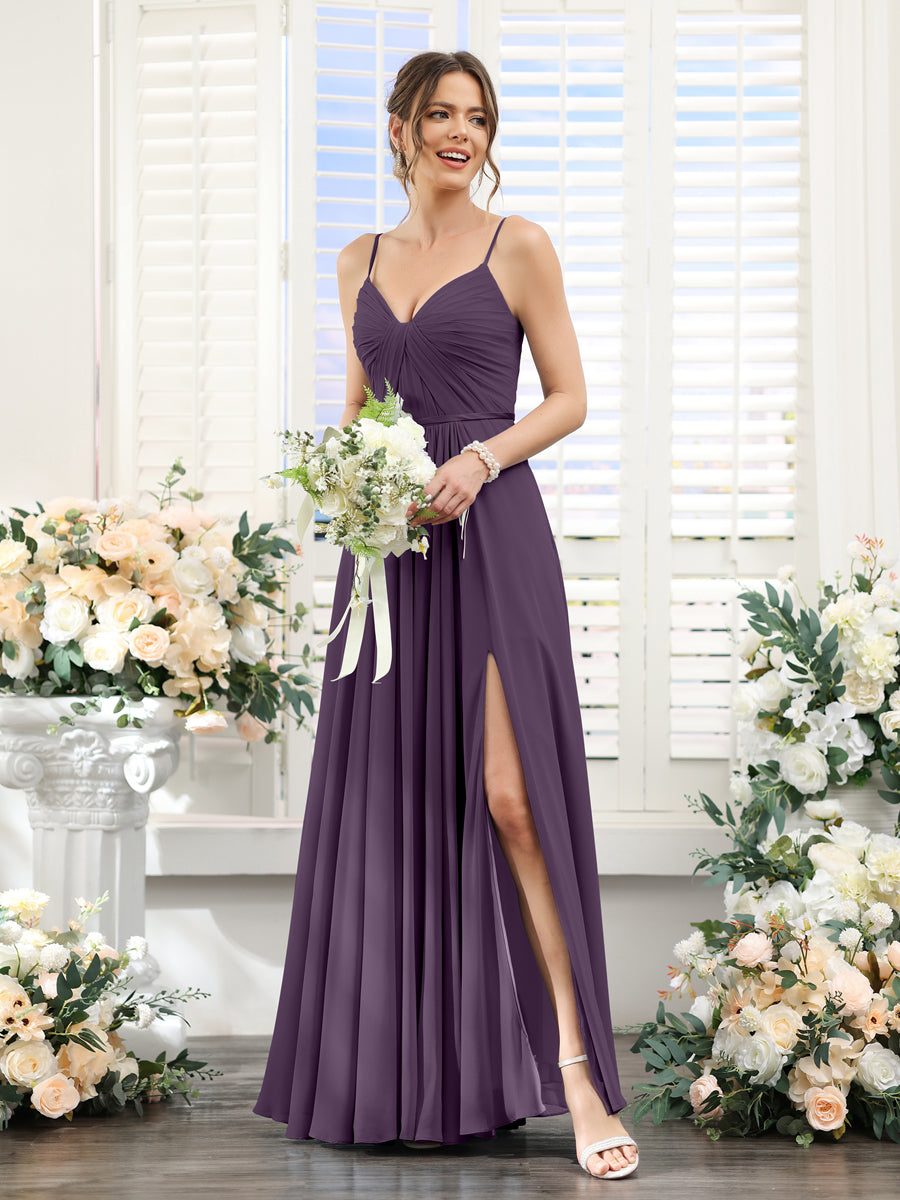 A-Line Ruched V-Neck Spaghetti Straps Split Side Floor-Length Chiffon Bridesmaid Dresses