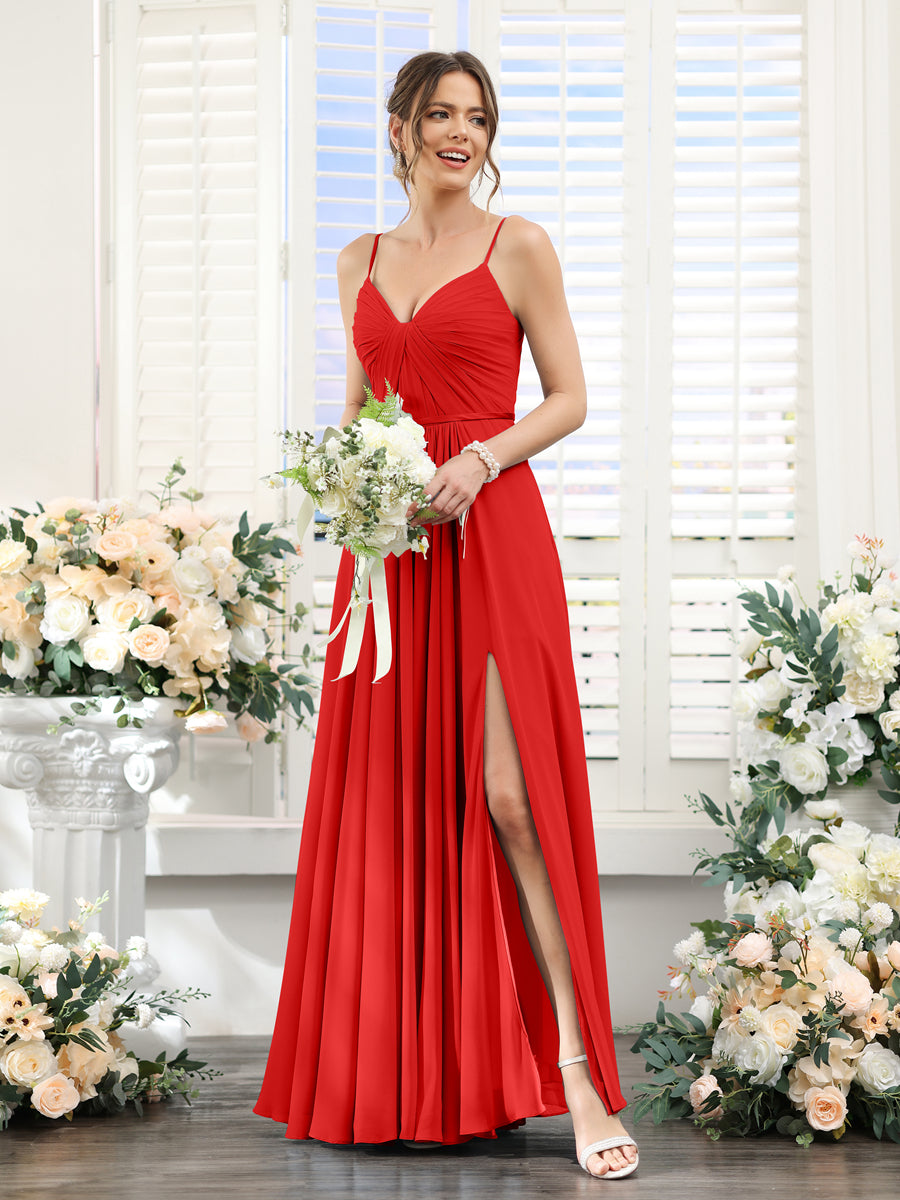 A-Line Ruched V-Neck Spaghetti Straps Split Side Floor-Length Chiffon Bridesmaid Dresses