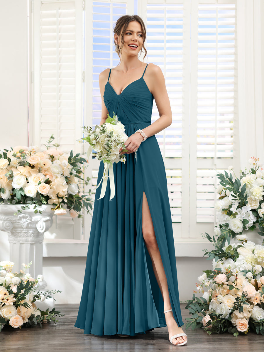 A-Line Ruched V-Neck Spaghetti Straps Split Side Floor-Length Chiffon Bridesmaid Dresses