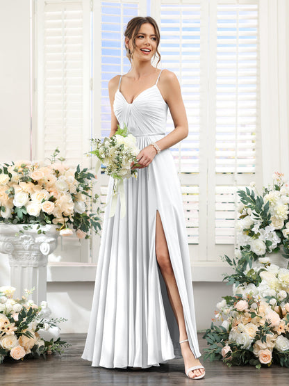 A-Line Ruched V-Neck Spaghetti Straps Split Side Floor-Length Chiffon Bridesmaid Dresses