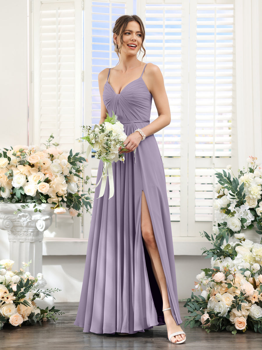 A-Line Ruched V-Neck Spaghetti Straps Split Side Floor-Length Chiffon Bridesmaid Dresses