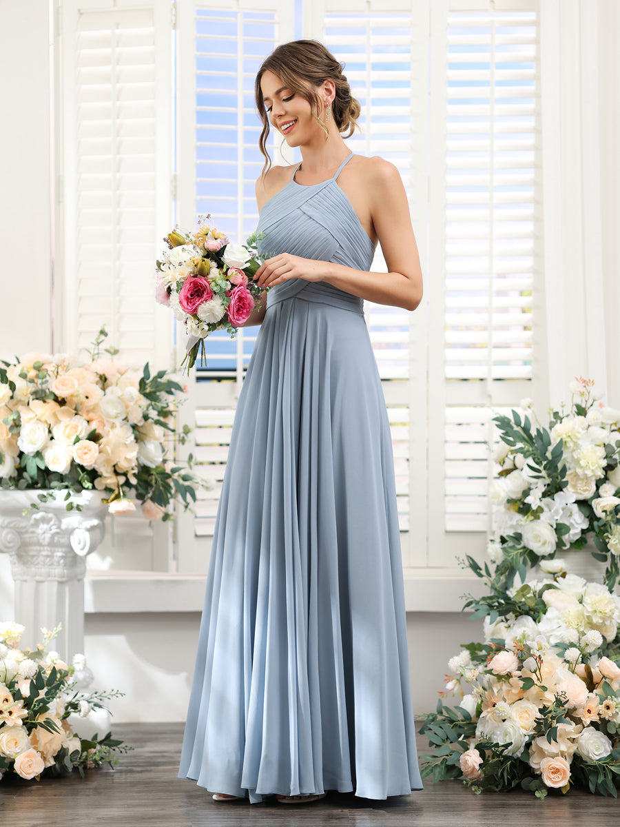 A-Line Halter Sleeveless Ruched Floor-Length Chiffon Bridesmaid Dresses