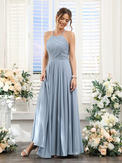 A-Line Halter Sleeveless Ruched Floor-Length Chiffon Bridesmaid Dresses