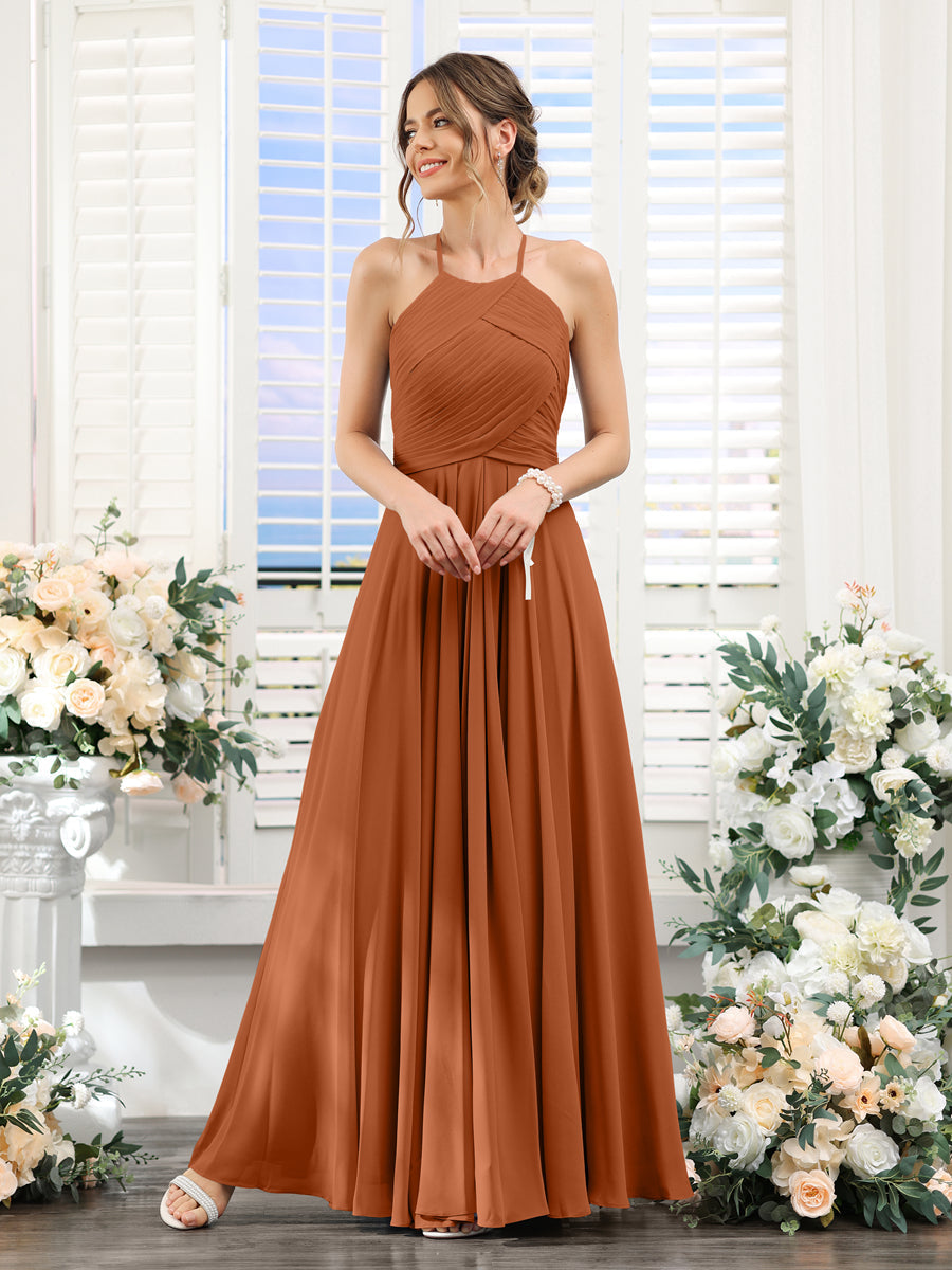 A-Line Halter Sleeveless Ruched Floor-Length Chiffon Bridesmaid Dresses