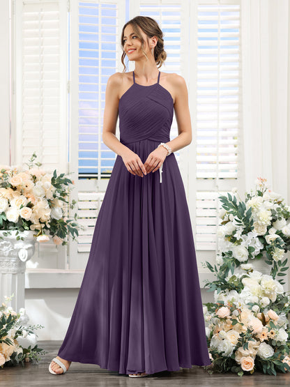 A-Line Halter Sleeveless Ruched Floor-Length Chiffon Bridesmaid Dresses