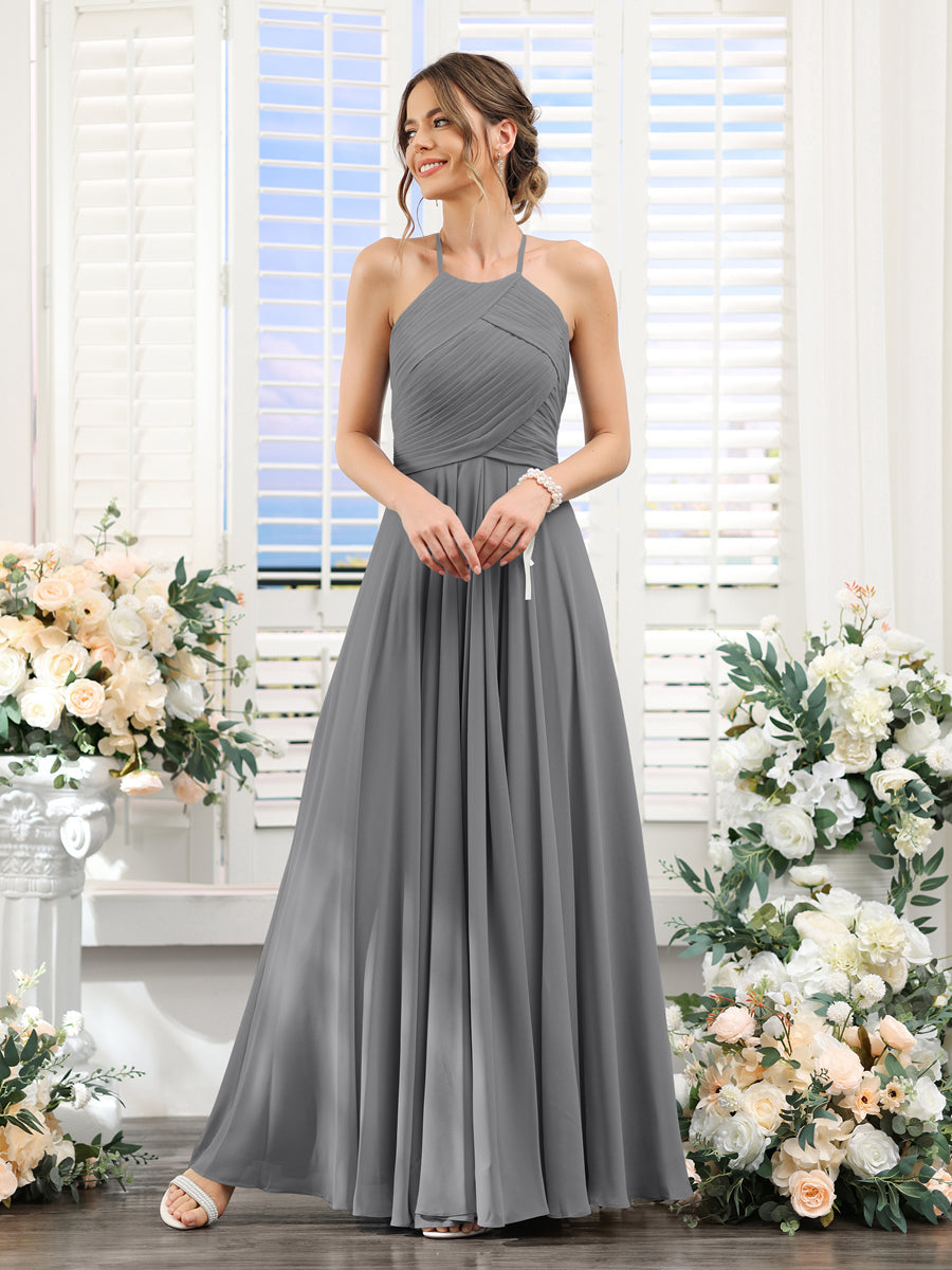 A-Line Halter Sleeveless Ruched Floor-Length Chiffon Bridesmaid Dresses