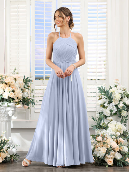 A-Line Halter Sleeveless Ruched Floor-Length Chiffon Bridesmaid Dresses