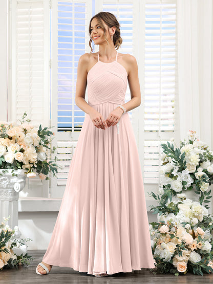 A-Line Halter Sleeveless Ruched Floor-Length Chiffon Bridesmaid Dresses